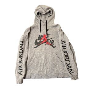 Nike Air Jordan Gray Pullover Hoodie With Kangaroo Pocket & Black/Red Logo Print